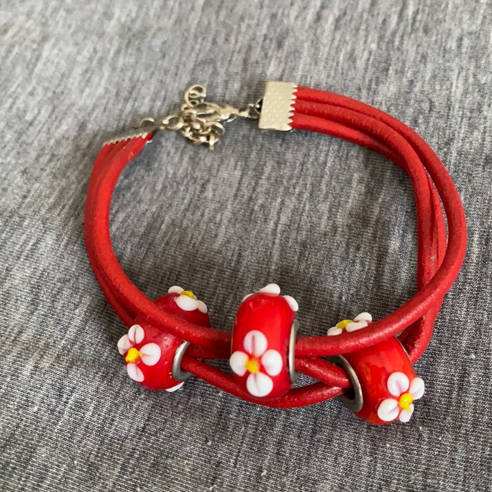 CUSTOM / HANDMADE red leather charm bracelet
